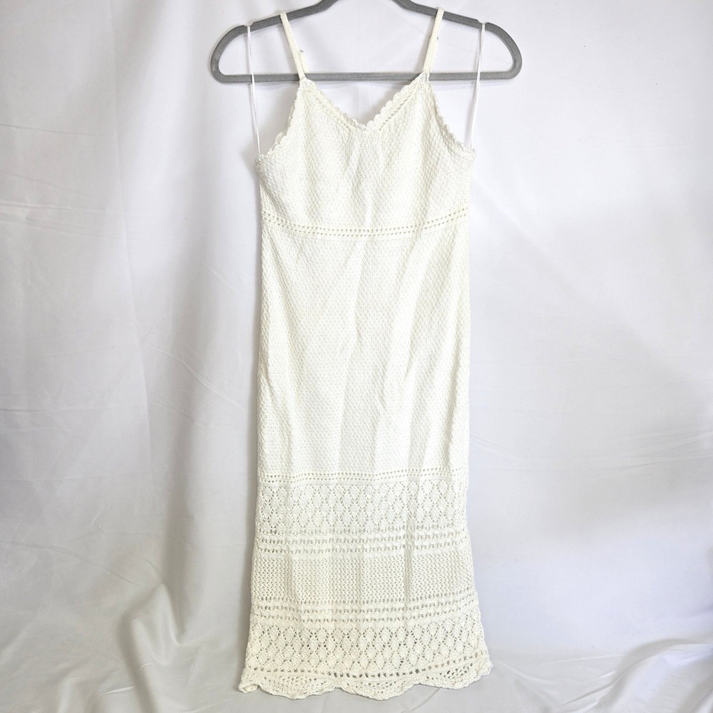 Freshman 1996 Crochet Midi Dress‎ Spaghetti Straps V-neck Boho Coastal White XS